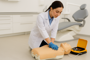 A dentist performing CPR on a training mannequin 